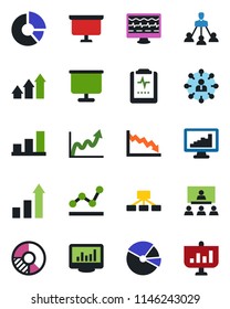 Color and black flat icon set - growth statistic vector, hierarchy, presentation board, circle chart, monitor pulse, clipboard, statistics, bar graph, pie, point, arrow up, crisis