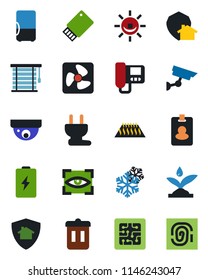 Color and black flat icon set - chip vector, power plug, fan, irrigation, snowflake, intercome, warm floor, jalousie, eye scan, home protect, trash bin, fridge, usb flash, pass card, surveillance