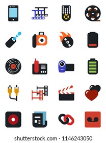 Color And Black Flat Icon Set - Clapboard Vector, Film Frame, Reel, Vinyl, Flame Disk, Camera, News, Video, Remote Control, Cell Phone, Radio, Chain, Heart, Battery, Low, Rec Button, Rca, Record