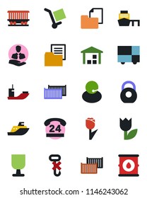 Color and black flat icon set - railroad vector, 24 hours, support, client, sea shipping, cargo container, port, consolidated, folder document, fragile, no hook, tulip, warehouse, heavy, oil barrel