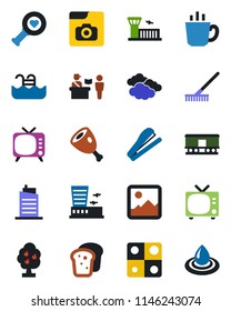 Color and black flat icon set - passport control vector, tv, clouds, airport building, rake, heart diagnostic, railroad, gallery, photo, application, stapler, pool, fruit tree, city house, coffee