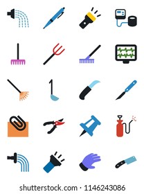 Color and black flat icon set - drawing pin vector, farm fork, rake, watering, pruner, glove, garden knife, sprayer, monitor pulse, blood pressure, scalpel, torch, paper clip, pen, ladle
