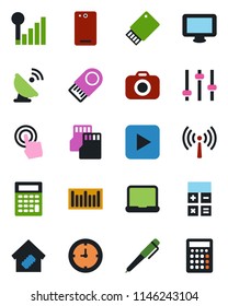 Color and black flat icon set - antenna vector, calculator, clock, barcode, satellite, camera, touch screen, monitor, play button, phone back, tuning, sd, cellular signal, notebook pc, pen