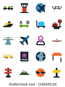 Color and black flat icon set - plane vector, airport tower, runway, baggage trolley, bus, passport, larry, luggage scales, picnic table, signpost, navigation, earth, sea shipping, route, mountains