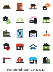 Color and black flat icon set - barrier vector, shop, factory, house, greenhouse, hospital, garage, estate document, office building, sweet home, city, insurance, cafe, warm floor, message