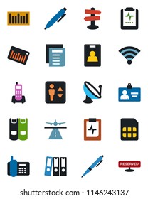 Color and black flat icon set - runway vector, elevator, identity card, book, pen, document, pulse clipboard, signpost, office phone, barcode, satellite antenna, sim, wireless, paper binder