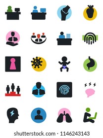 Color and black flat icon set - female vector, baby, pedestal, brainstorm, manager place, stomach, lungs, real heart, joint, virus, client, user, fingerprint id, company, desk, man with notebook