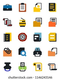 Color and black flat icon set - contract vector, document, stamp, printer, folder, clipboard, case, paper clip, news, search, checklist, copier, estate