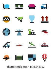 Color and black flat icon set - runway vector, taxi, arrival, baggage trolley, waiting area, alarm car, fork loader, ladder, plane, helicopter, airport building, wheelbarrow, earth, container