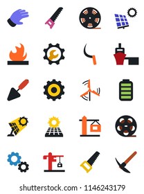 Color and black flat icon set - gear vector, trowel, glove, saw, sickle, sea port, flammable, reel, battery, root setup, sun panel, windmill, crane, hard work
