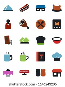 Color and black flat icon set - hot cup vector, coffee, waiter, dish, restaurant table, cafe, cook hat, wine card, menu, reserved, bacon, salt and pepper, building, receipt, chicken, ham, bowl
