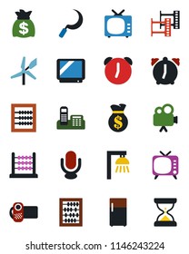 Color and black flat icon set - abacus vector, money bag, sickle, film frame, tv, video camera, microphone, alarm, office phone, outdoor lamp, fridge, windmill, sand clock
