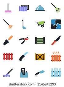 Color and black flat icon set - trowel vector, rake, wheelbarrow, pruner, garden knife, cargo container, application, paper clip, heater, dish, ladle, radiator