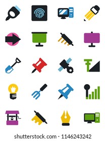 Color and black flat icon set - right arrow vector, drawing pin, bulb, garden fork, shovel, well, satellite, hdmi, fingerprint id, cellular signal, presentation board, ink pen, pencil, rolling, pc