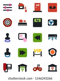 Color and black flat icon set - baggage conveyor vector, stamp, scales, gamepad, fast forward, rewind, tuning, record, air conditioner, vip zone, home control, intercome, app, garage gate