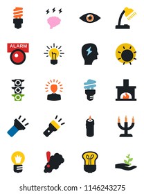 Color and black flat icon set - brainstorm vector, bulb, sun, eye, traffic light, torch, desk lamp, fireplace, candle, smoke detector, energy saving, alarm led, shining head, idea, palm sproute