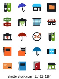 Color and black flat icon set - 24 around vector, automatic door, umbrella, shop, book, store, mail, folder, copybook, document, open close, jalousie, garage gate control, storefront
