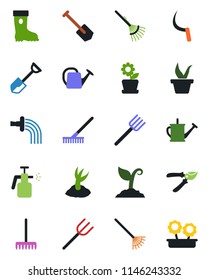 Color and black flat icon set - job vector, shovel, farm fork, rake, seedling, watering can, sproute, pruner, boot, sickle, garden sprayer, flower in pot