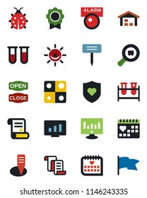 Color and black flat icon set - contract vector, statistic monitor, lady bug, plant label, blood test vial, heart shield, medical calendar, search cargo, application, sertificate, warehouse, flag