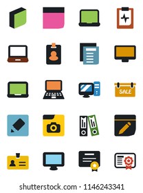 Color and black flat icon set - identity vector, office binder, notebook pc, document, pulse clipboard, monitor, laptop, notes, photo gallery, blank box, sale, pass card, certificate