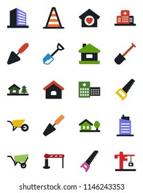 Color and black flat icon set - barrier vector, border cone, office building, trowel, shovel, wheelbarrow, saw, hospital, house, with tree, sweet home, city, crane