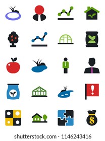 Color and black flat icon set - manager vector, greenhouse, pond, fertilizer, important flag, application, point graph, house with tree, fruit, estate agent, apple, eco, money bag