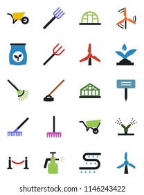 Color and black flat icon set - fence vector, farm fork, rake, wheelbarrow, hoe, plant label, greenhouse, garden sprayer, fertilizer, drip irrigation, windmill