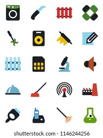 Color and black flat icon set - pencil vector, rake, hoe, garden knife, ripper, microscope, patch, antenna, speaker, radio phone, hdmi, sim, factory, dish, rolling pin, washer, radiator, flask
