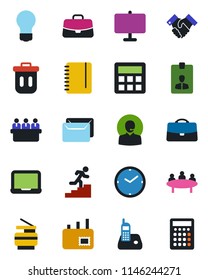 Color and black flat icon set - identity card vector, case, notebook pc, notepad, meeting, bulb, radio phone, calculator, clock, presentation board, support, copier, handshake, career ladder, mail