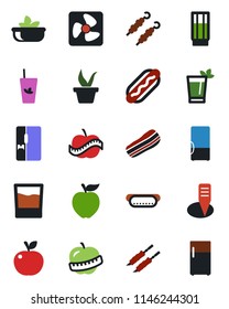 Color and black flat icon set - seedling vector, plant label, diet, fridge, drink, phyto bar, salad, bacon, kebab, hot dog, apple fruit, fan