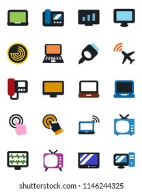 Color and black flat icon set - plane radar vector, wireless notebook, pc, statistic monitor, pulse, tv, touch screen, laptop, hdmi, intercome