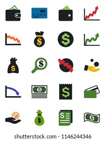 Color and black flat icon set - credit card vector, dollar sign, money bag, crisis graph, cash, receipt, wallet, growth, search, investment