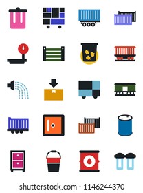 Color and black flat icon set - trash bin vector, checkroom, bucket, watering, railroad, truck trailer, cargo container, consolidated, package, oil barrel, heavy scales, archive box, water filter