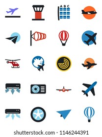 Color and black flat icon set - plane vector, airport tower, departure, wind, radar, helicopter, seat map, globe, air conditioner, fan, paper, balloon