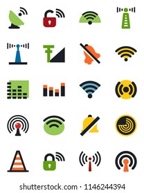 Color and black flat icon set - antenna vector, border cone, radar, satellite, equalizer, wireless, mute, cellular signal, lock