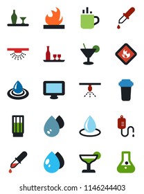 Color and black flat icon set - hot cup vector, water drop, dropper, flammable, monitor, alcohol, drink, cocktail, filter, sprinkler, flask