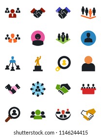 Color and black flat icon set - handshake vector, hierarchy, pedestal, team, patient, user, company, meeting, client search, consumer, group