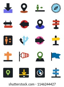 Color and black flat icon set - elevator vector, escalator, signpost, right arrow, left, wind, route, pin, download, place tag, compass, flag, guidepost