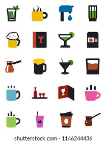 Color and black flat icon set - hot cup vector, coffee machine, water supply, alcohol, wine card, drink, cocktail, phyto bar, beer, turkish