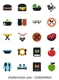 Color and black flat icon set - spoon and fork vector, picnic table, cafe, menu, salad, salt pepper, steak, hamburger, bowl, sushi, apple fruit