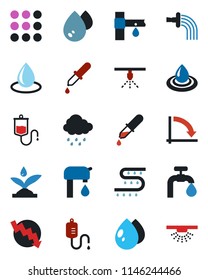 Color and black flat icon set - crisis graph vector, watering, water drop, rain, drip irrigation, dropper, menu, supply, sprinkler
