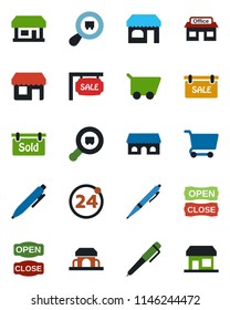 Color and black flat icon set - 24 around vector, shop, pen, store, search cargo, sale, sold signboard, cafe building, open close, cart, storefront