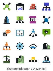 Color and black flat icon set - hierarchy vector, well, molecule, hospital, office building, garage, plan, home message