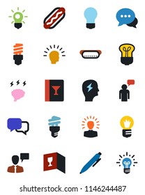 Color and black flat icon set - speaking man vector, pen, brainstorm, bulb, dialog, wine card, hot dog, energy saving, shining head, idea