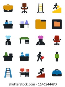 Color and black flat icon set - manager vector, desk, place, ladder, folder, career, cook, office chair, case