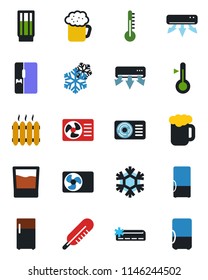 Color and black flat icon set - thermometer vector, heater, air conditioner, fridge, drink, beer, snowflake