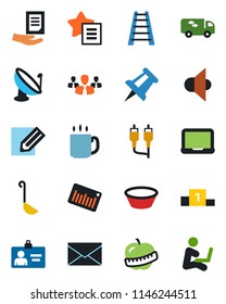Color and black flat icon set - mail vector, identity card, notebook pc, document, drawing pin, pencil, ladder, diet, barcode, satellite antenna, speaker, favorites list, rca, coffee, moving, ladle