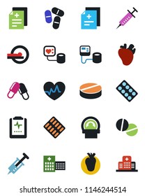 Color and black flat icon set - heart pulse vector, diagnosis, syringe, blood pressure, pills, blister, tomography, real, clipboard, hospital