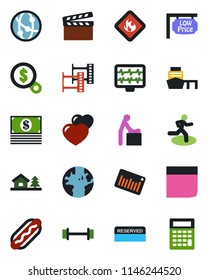 Color and black flat icon set - baby room vector, monitor pulse, barbell, run, earth, sea port, flammable, barcode, clapboard, film frame, network, heart, blank box, house with tree, reserved, cash