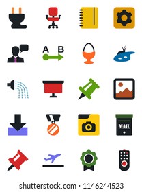 Color and black flat icon set - departure vector, medal, notepad, presentation board, drawing pin, watering, route, speaker, gallery, settings, download, photo, sertificate, office chair, pond